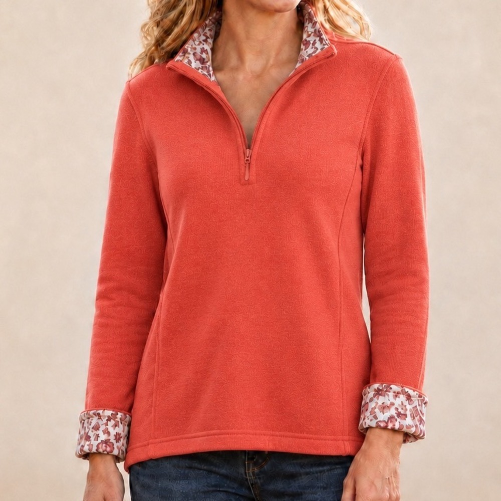 Orvis Coral 100% Cotton Quarter Zip Pullover Floral Paisley Trim Preppy Autumn